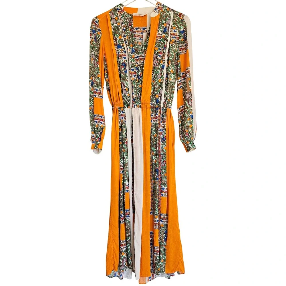 Tory Burch Orange Cream Silk Geometric Botanical Print Midi Dress Size‎ 2